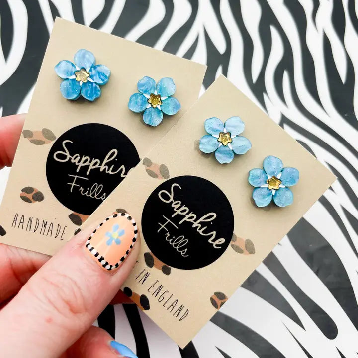 Sky Blue Glitter Marble Forget Me Not Flower Stud Earrings