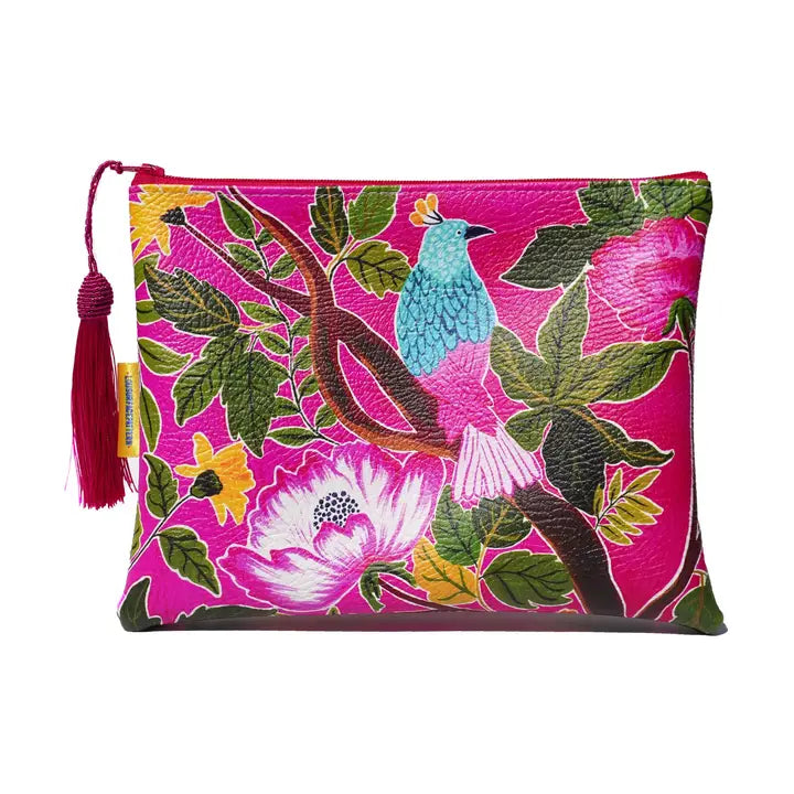 Pink Bird Vegan Leather Makeup Bag