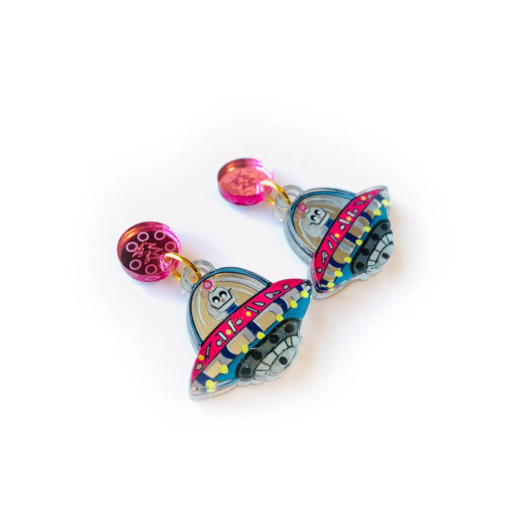 Retro Acrylic Ufo Alien Spaceship Dangle Earrings