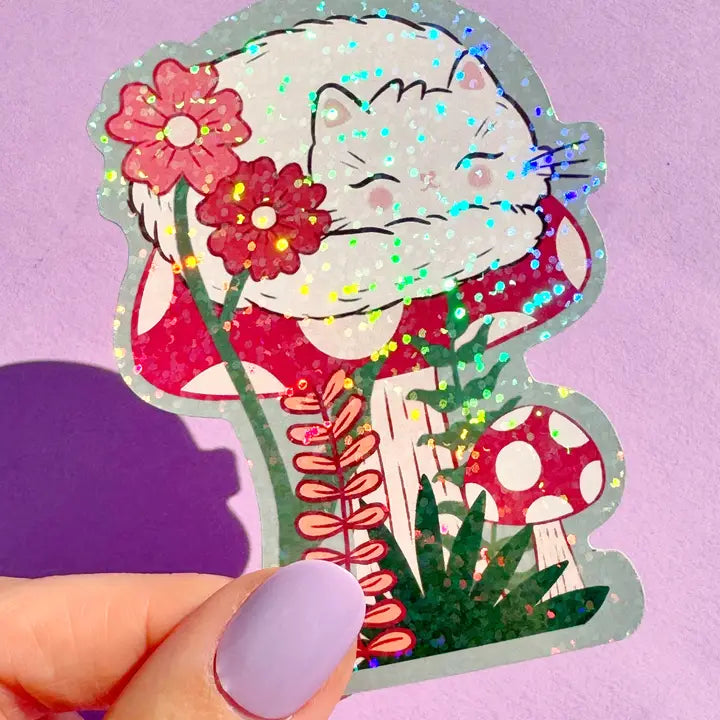Autumn Kitty Toadstool Sparkly Vinyl Sticker
