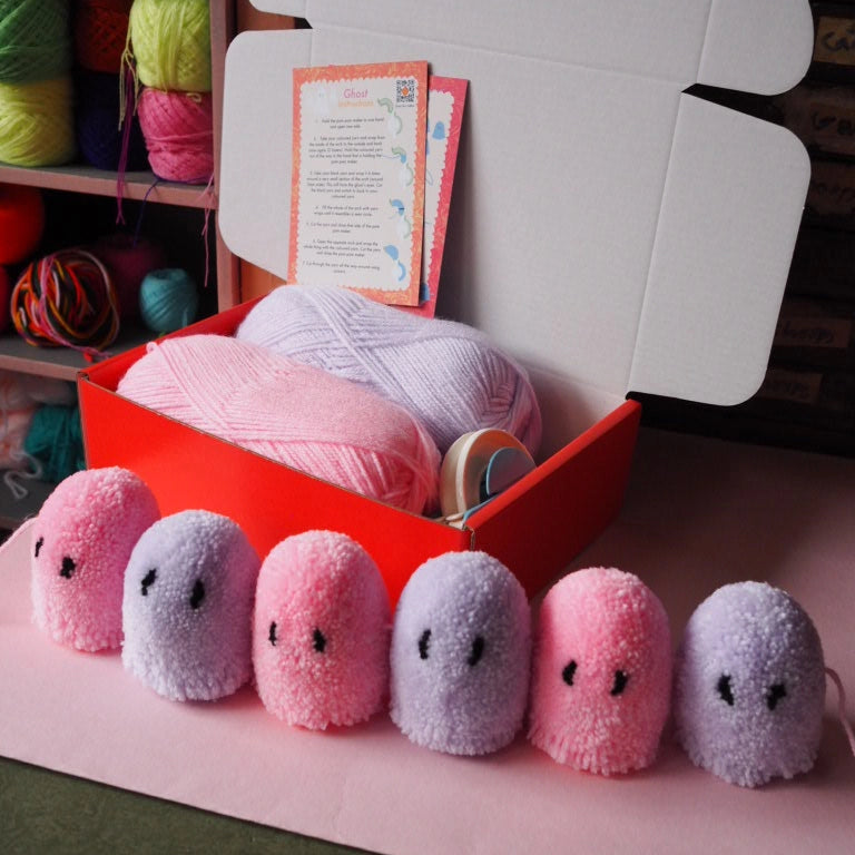 Ghost Garland Pom Pom Diy Kit - White and Neon Pink