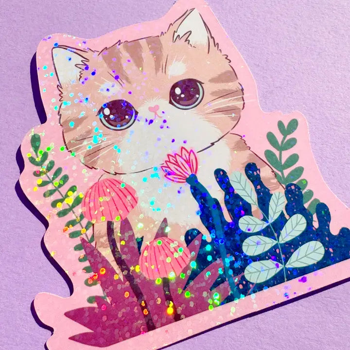 Forest Bloom Sparkly Cat Vinyl Sticker