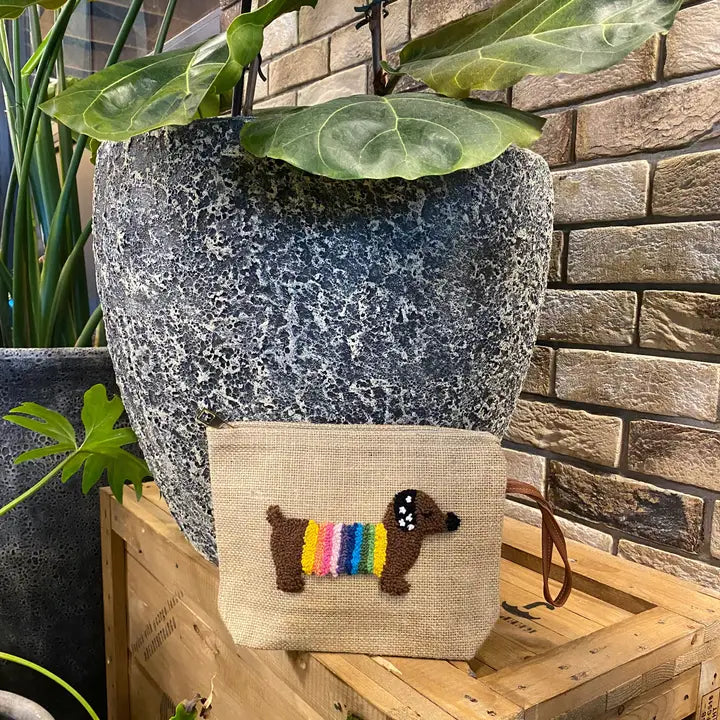 Jute Sausage Dog Clutch Bag