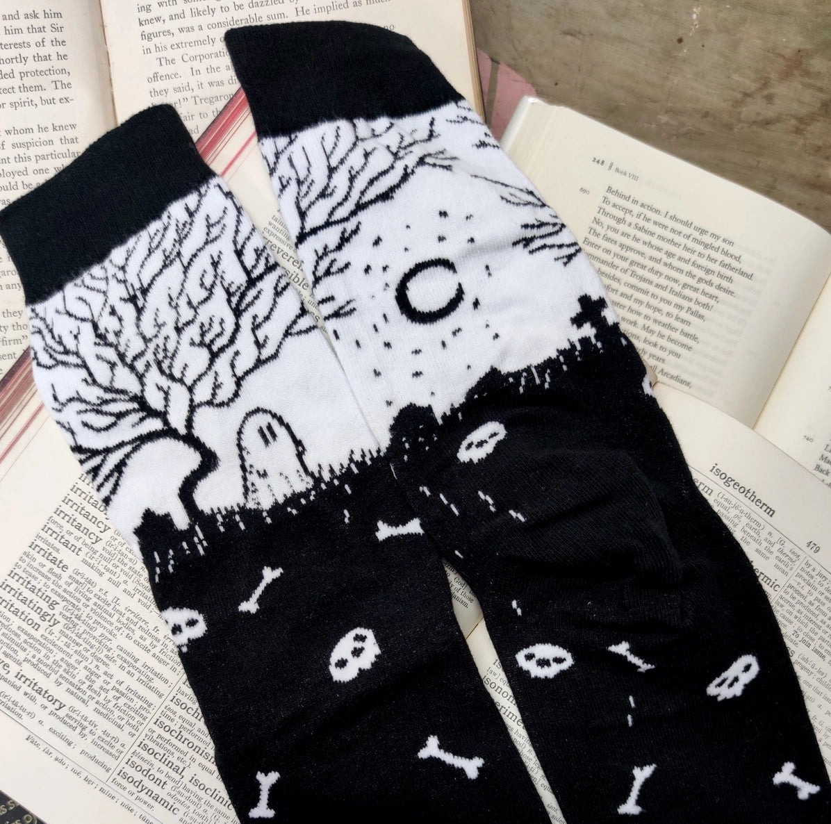 Spooky Socks- Black and White Ghostie Graveyard Crew Socks