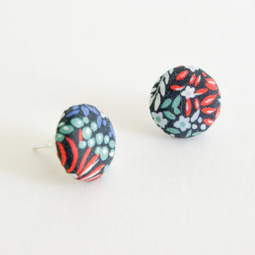 Button Liberty Print Fabric Stud Earrings - Elderberry flowers