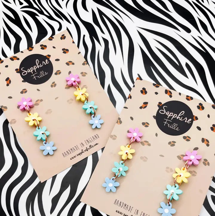 Pastel Rainbow Gloss Acrylic Daisy Flower Dangle Earrings