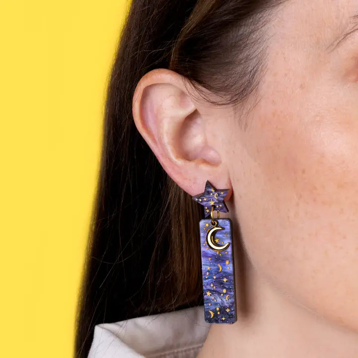 Starry Night Glitter Marble & Gold Moon Charm Earrings