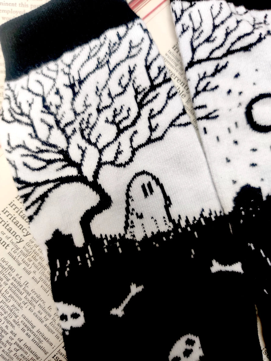 Spooky Socks- Black and White Ghostie Graveyard Crew Socks