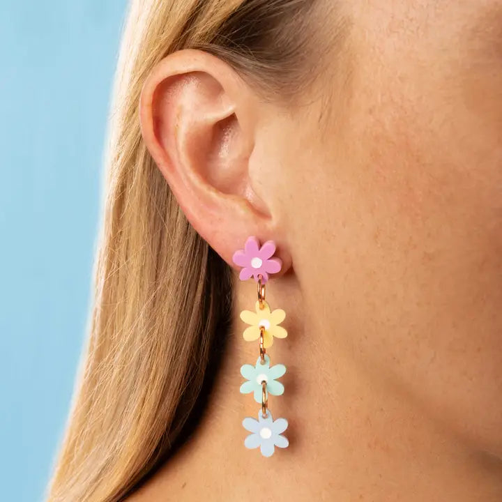 Pastel Rainbow Gloss Acrylic Daisy Flower Dangle Earrings