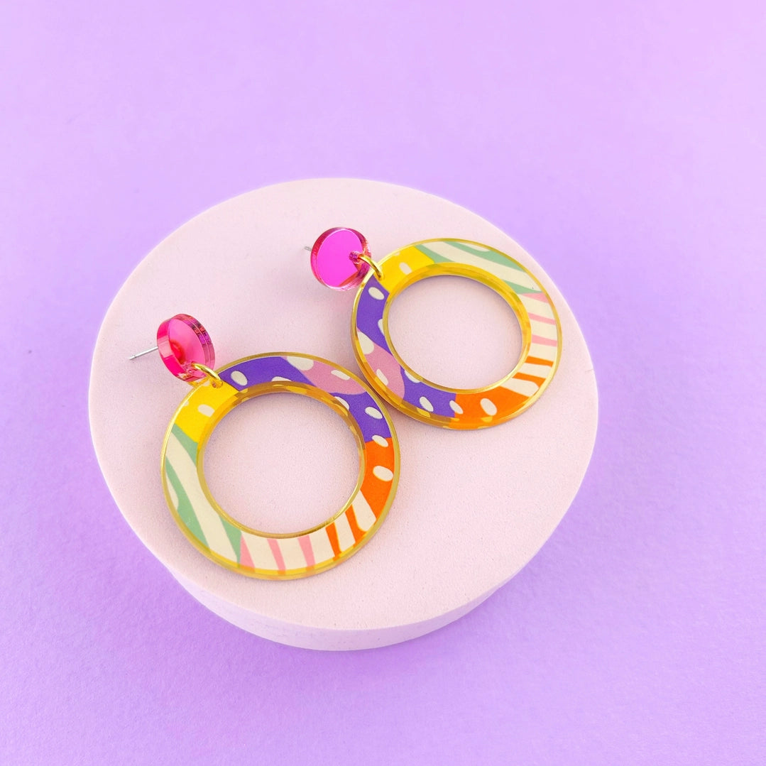 Large Circle Earrings- Colourful Pattern