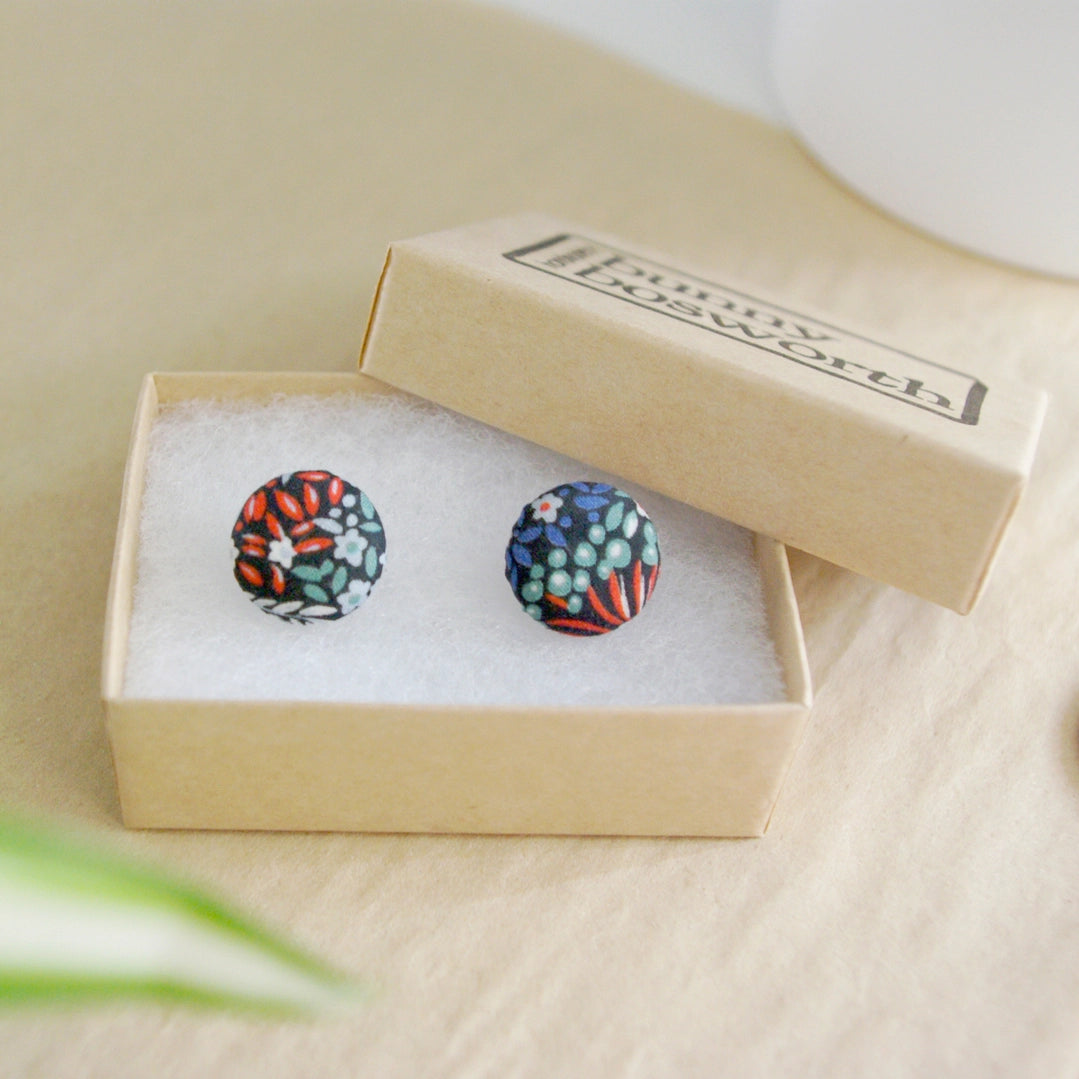 Button Liberty Print Fabric Stud Earrings - Elderberry flowers
