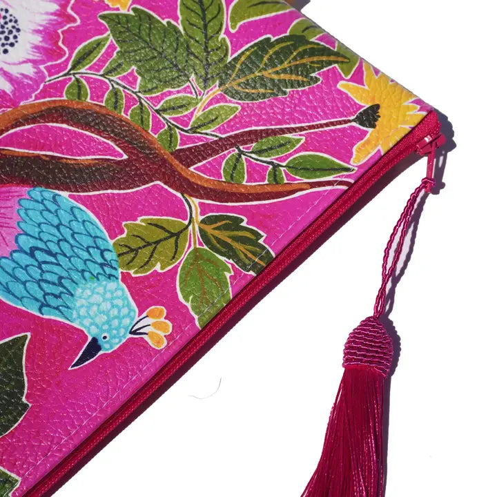 Pink Bird Vegan Leather Makeup Bag