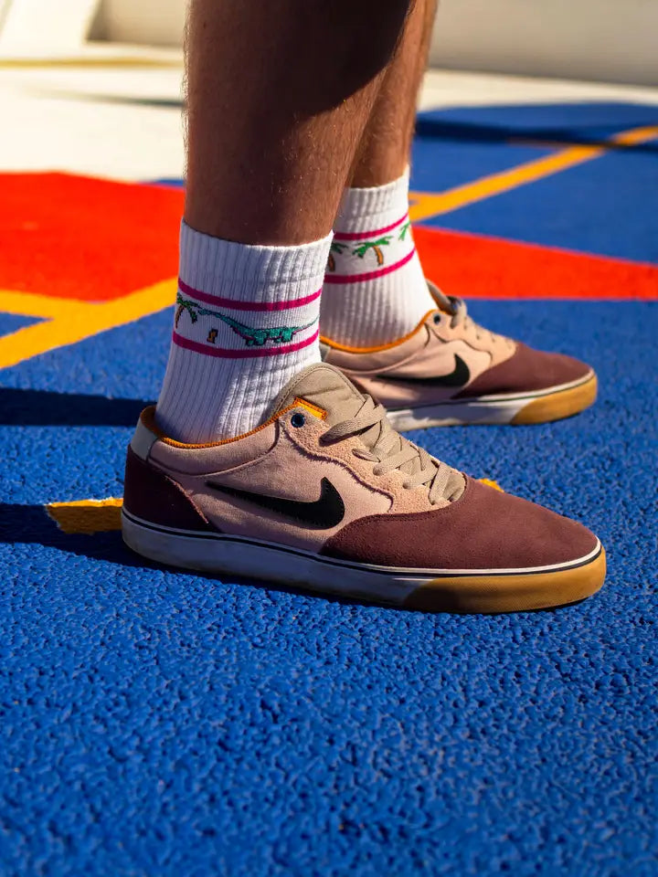 Diplodocus Dinosaur Sport Socks, Palm Trees and Pink Stripes
