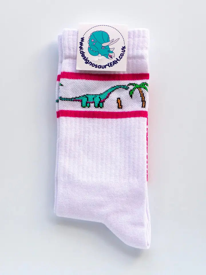 Diplodocus Dinosaur Sport Socks, Palm Trees and Pink Stripes