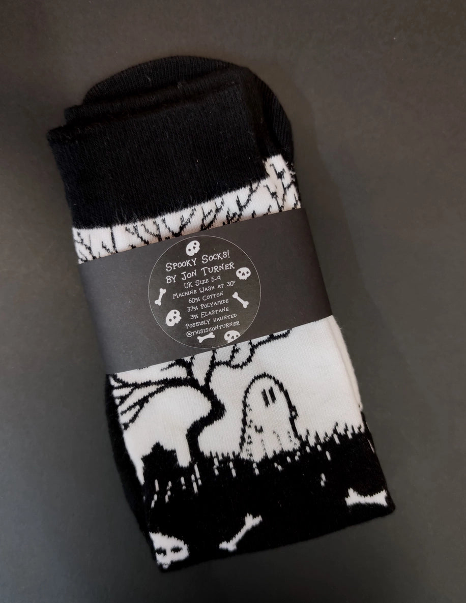 Spooky Socks- Black and White Ghostie Graveyard Crew Socks