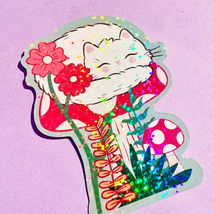 Autumn Kitty Toadstool Sparkly Vinyl Sticker