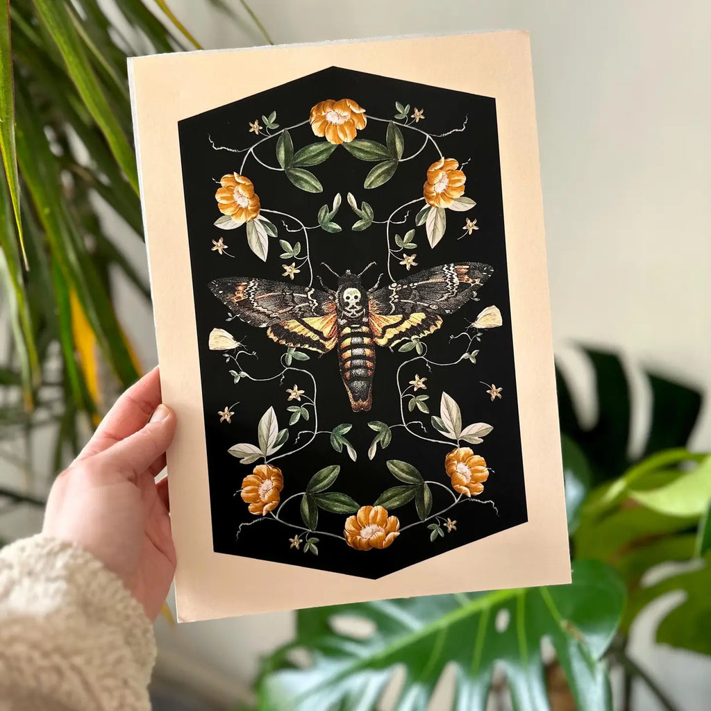 Deaths Head Hawk Moth, Floral Watercolour Fine Art