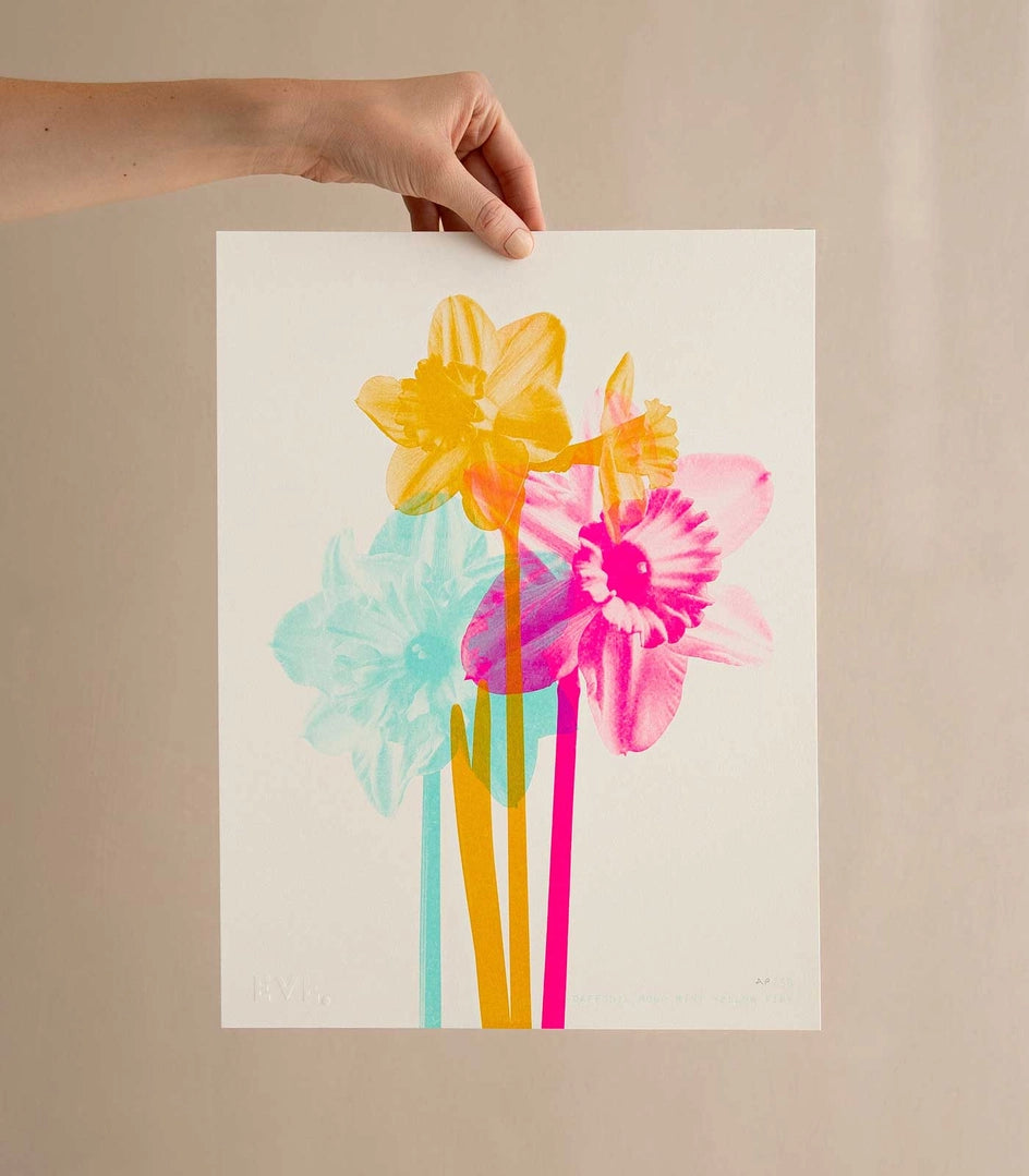 Daffodil Mono Fluoro Pink + Sunflower Yellow + Mint Risograph Print