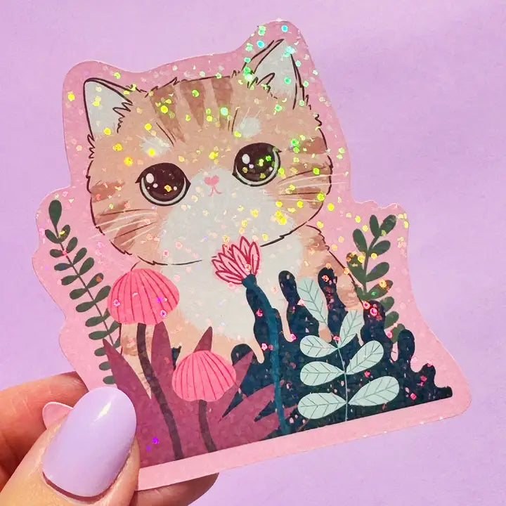 Forest Bloom Sparkly Cat Vinyl Sticker