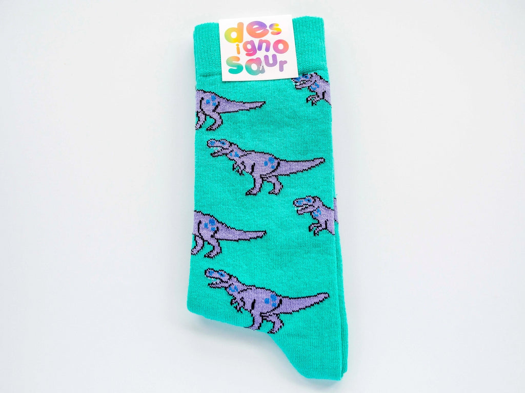 T-Rex Dinosaur Socks - Turquoise and Lilac Pair of Socks