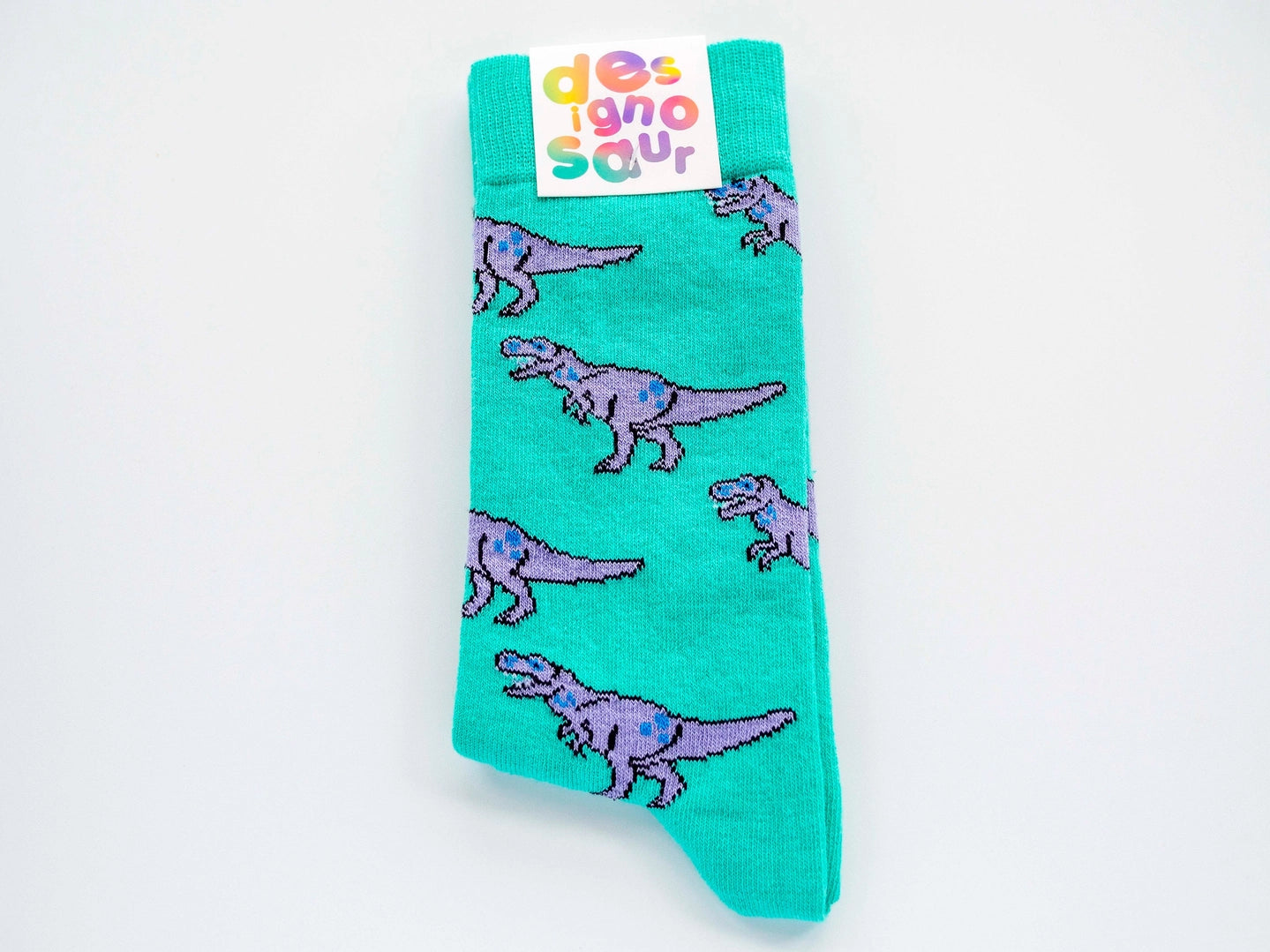 T-Rex Dinosaur Socks - Turquoise and Lilac Pair of Socks