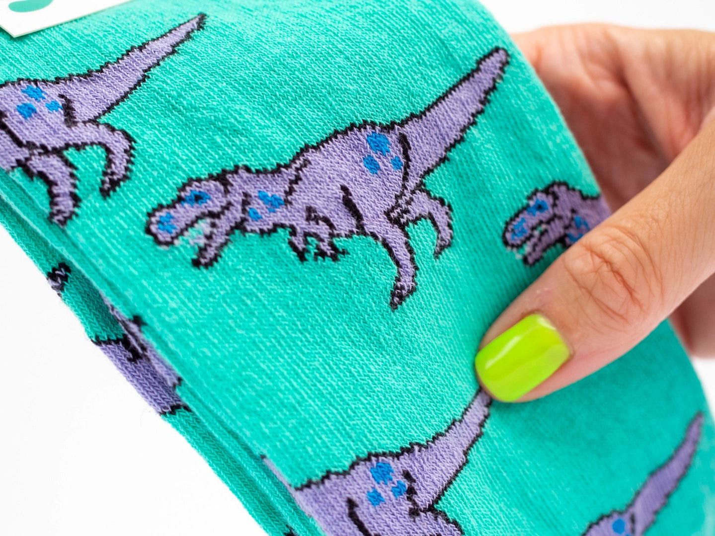 T-Rex Dinosaur Socks - Turquoise and Lilac Pair of Socks