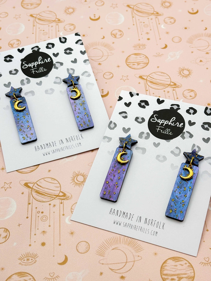 Starry Night Glitter Marble & Gold Moon Charm Earrings