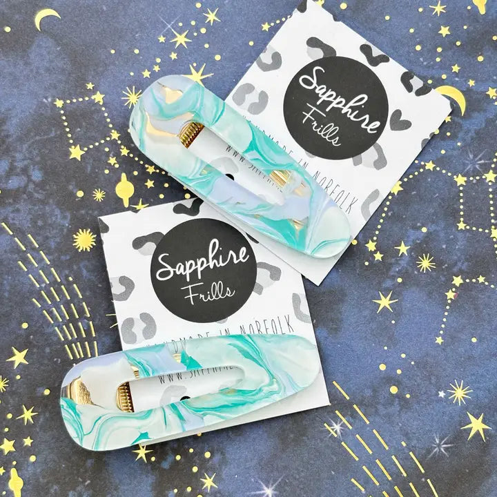 Teal, Pale Blue & White Marble Barrette Acrylic Hair Clip