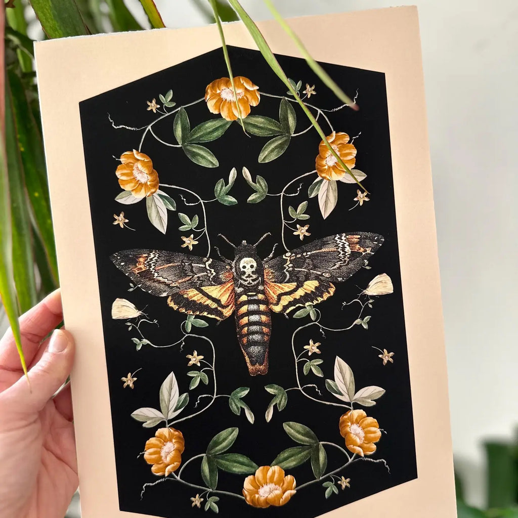 Deaths Head Hawk Moth, Floral Watercolour Fine Art