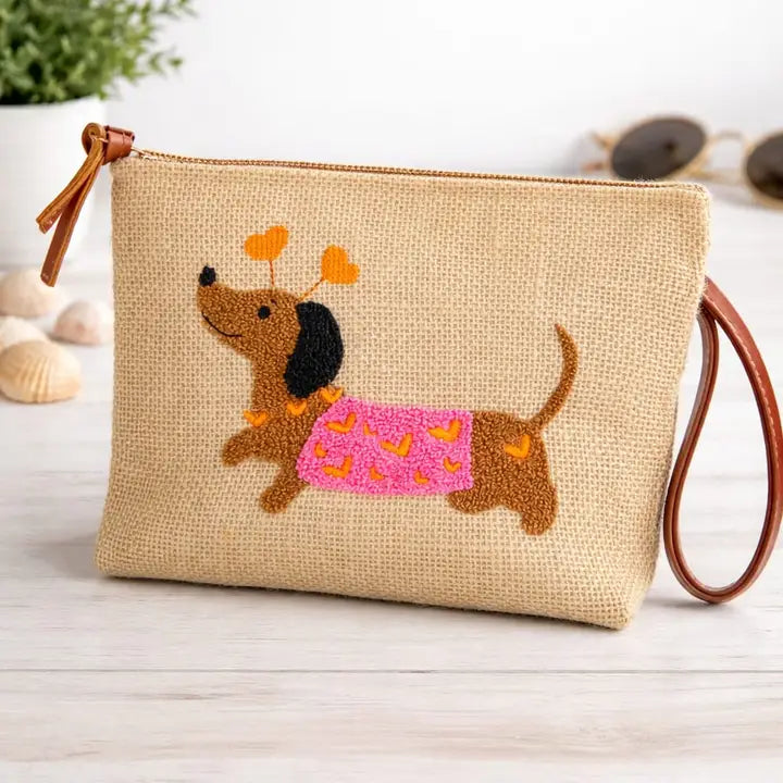 Sausage Dog Pink Coat Punch Needle Jute Clutch Bag