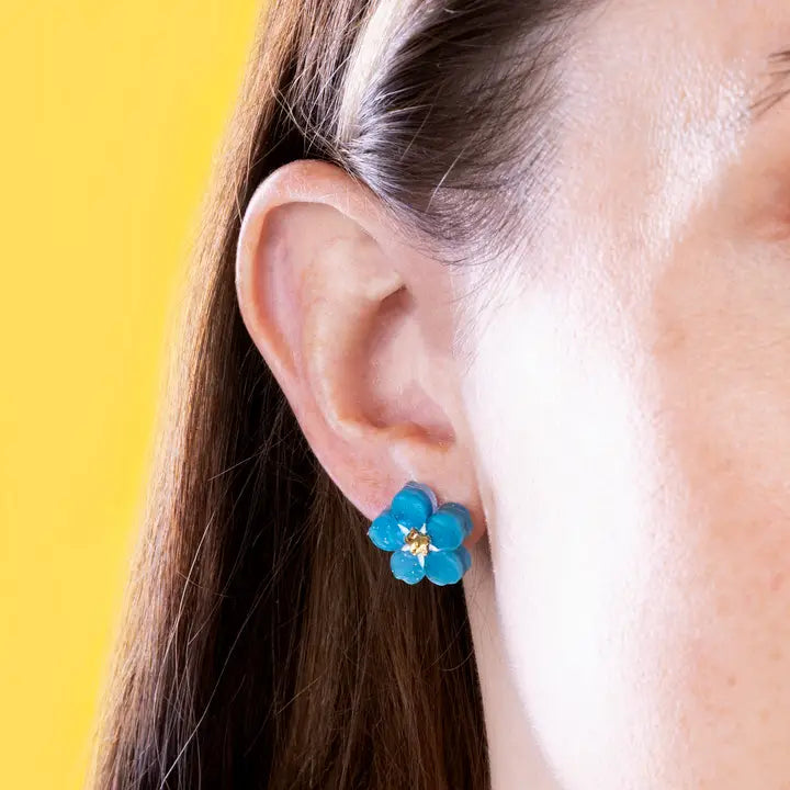 Sky Blue Glitter Marble Forget Me Not Flower Stud Earrings